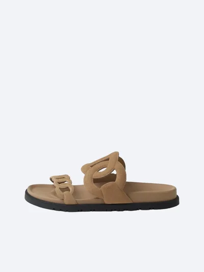 Hermès Extra Wildleder Badeschlappen Beige Dunkel
